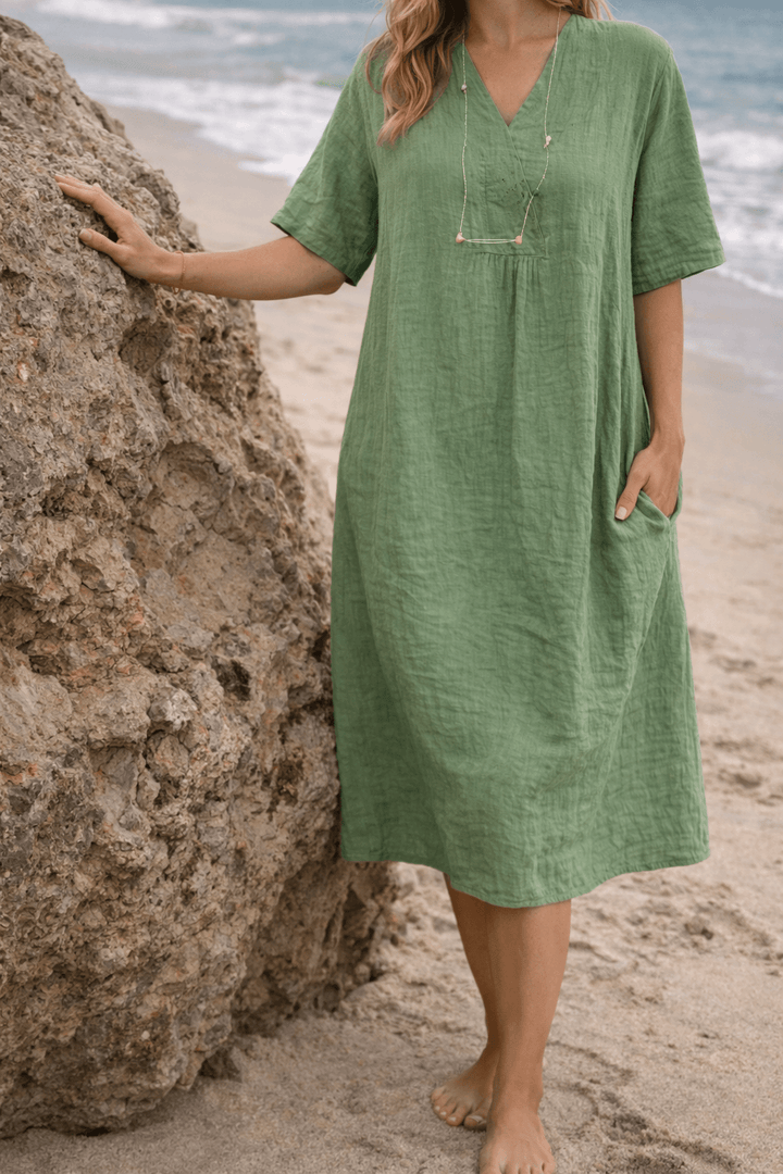 Women's Linen Midi Dress - V Neck - Short Sleeve - Side Pockets