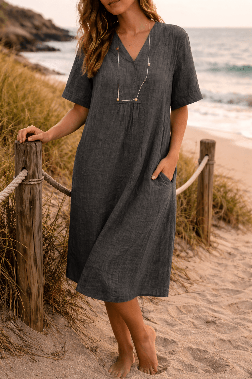 Women's Linen Midi Dress - V Neck - Short Sleeve - Side Pockets