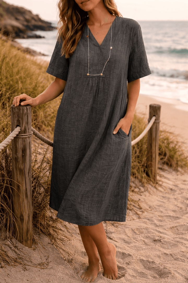 Women's Linen Midi Dress - V Neck - Short Sleeve - Side Pockets