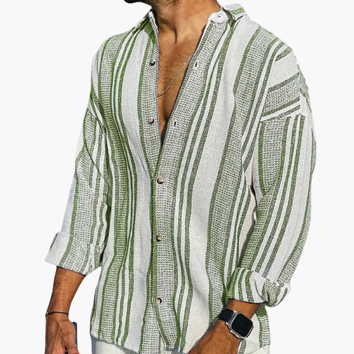 Men’s Vertical Stripe Button Down Shirt with Long Sleeves and Relaxed Fit