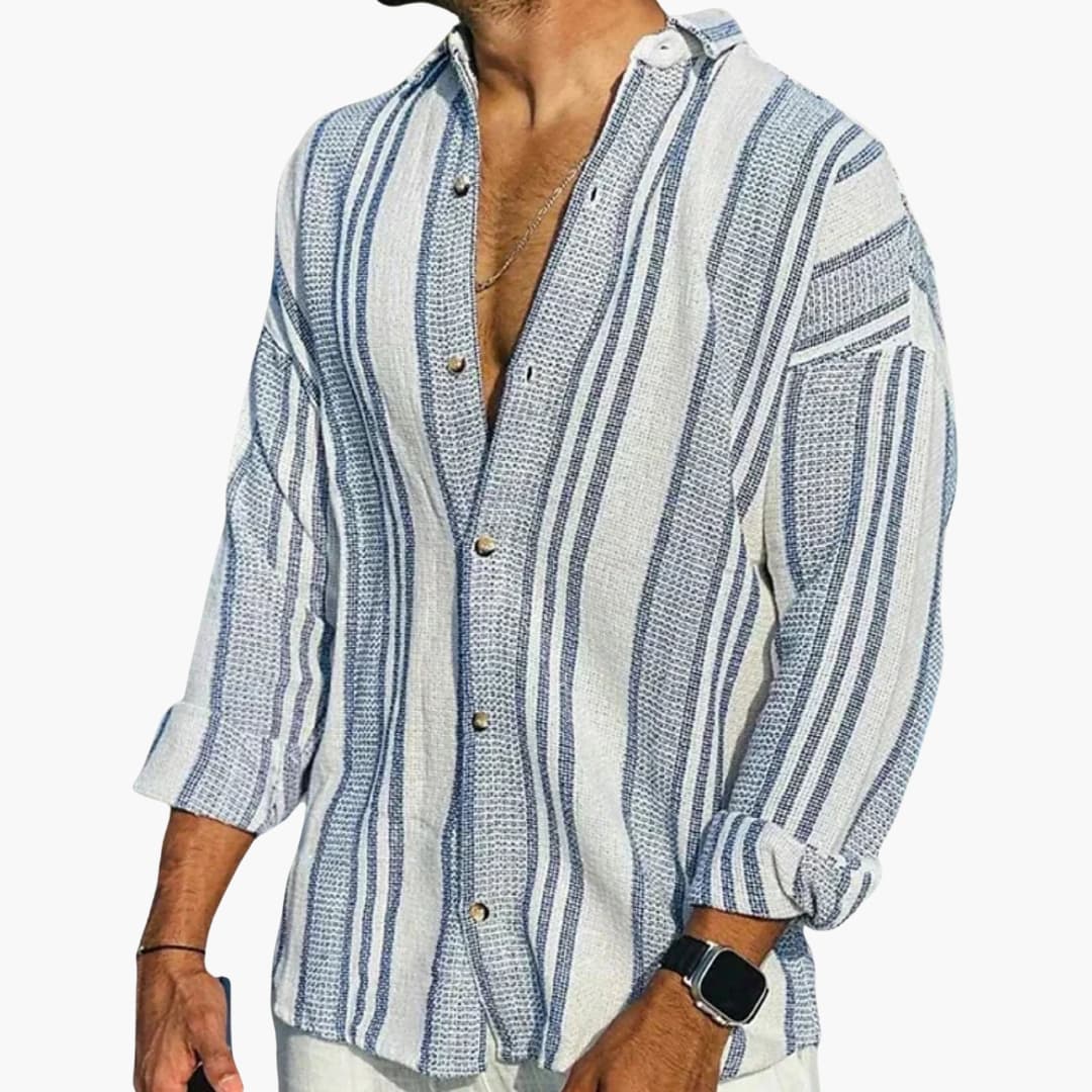 Men’s Vertical Stripe Button Down Shirt with Long Sleeves and Relaxed Fit