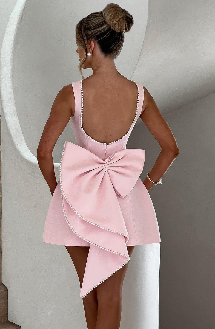 Pink Mini Dress With Pearl Neckline And Back Bow