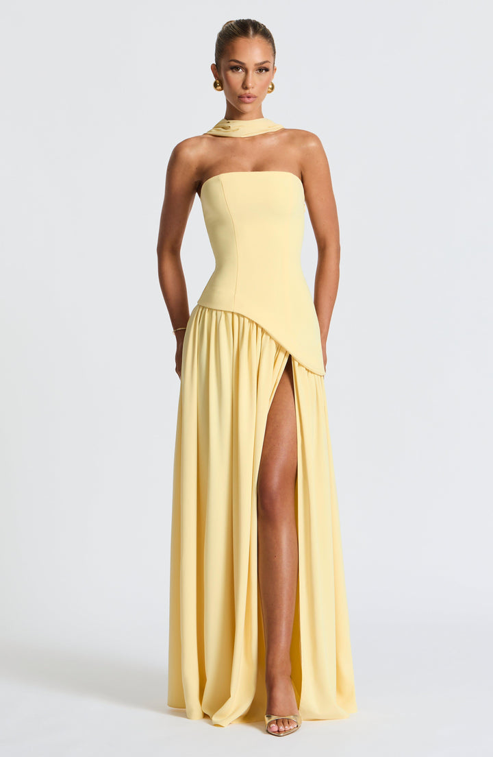 Women's Strapless Asymmetric Waist Maxi Dress - High Slit Front