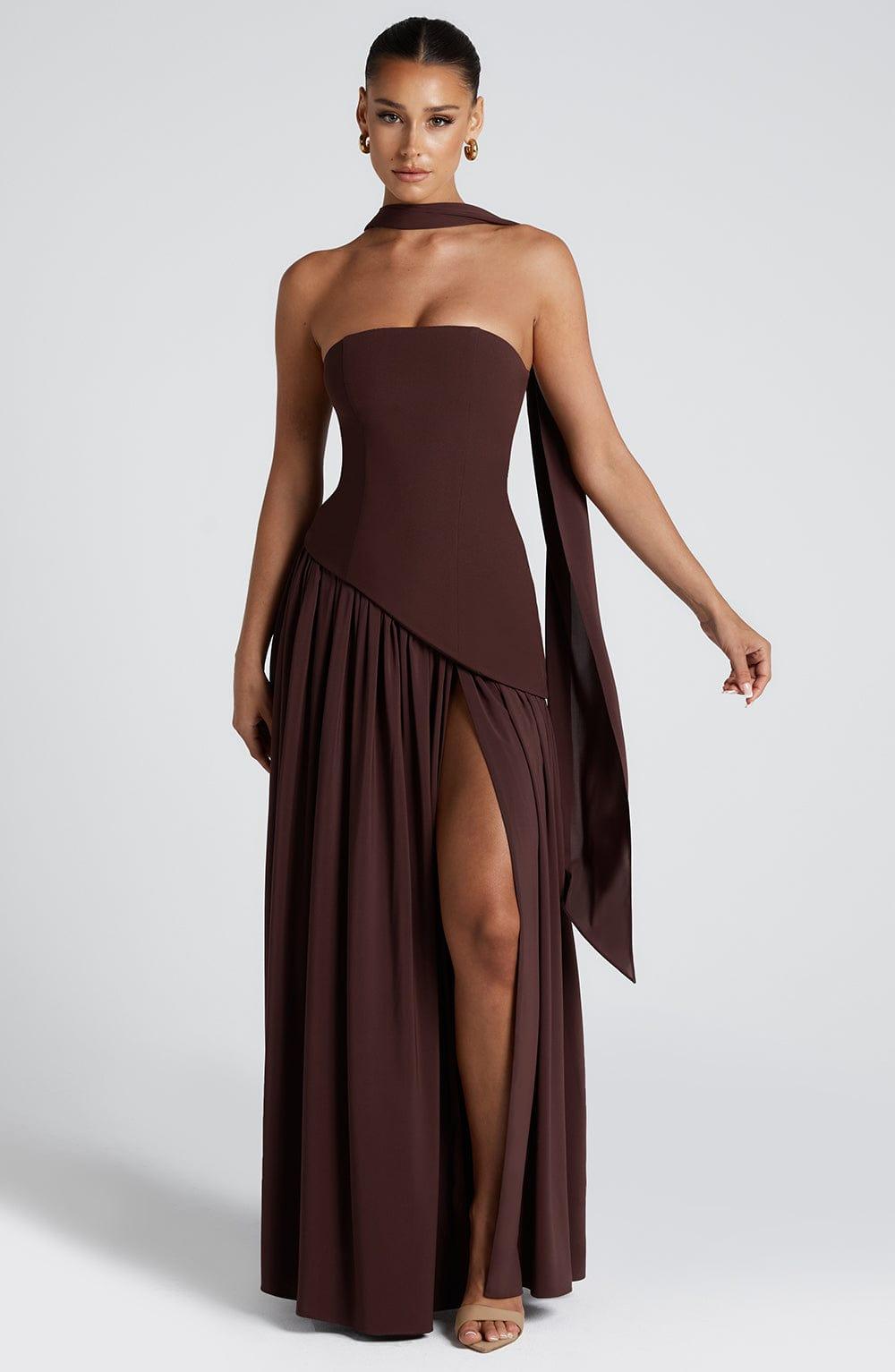 Women's Strapless Asymmetric Waist Maxi Dress - High Slit Front