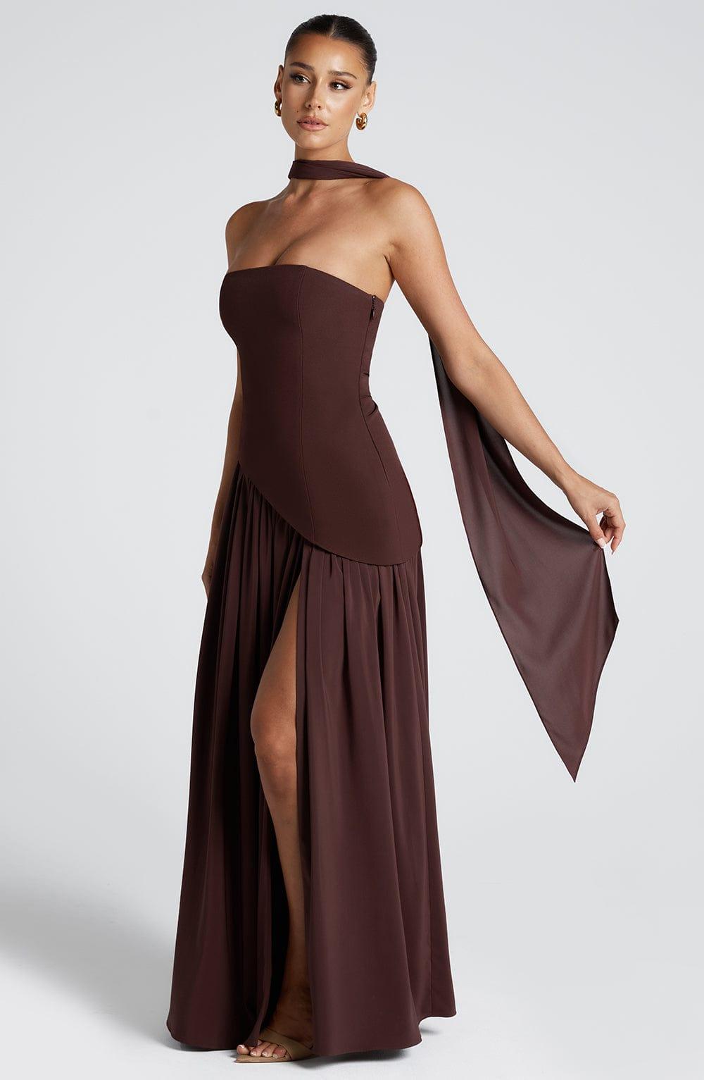 Women's Strapless Asymmetric Waist Maxi Dress - High Slit Front