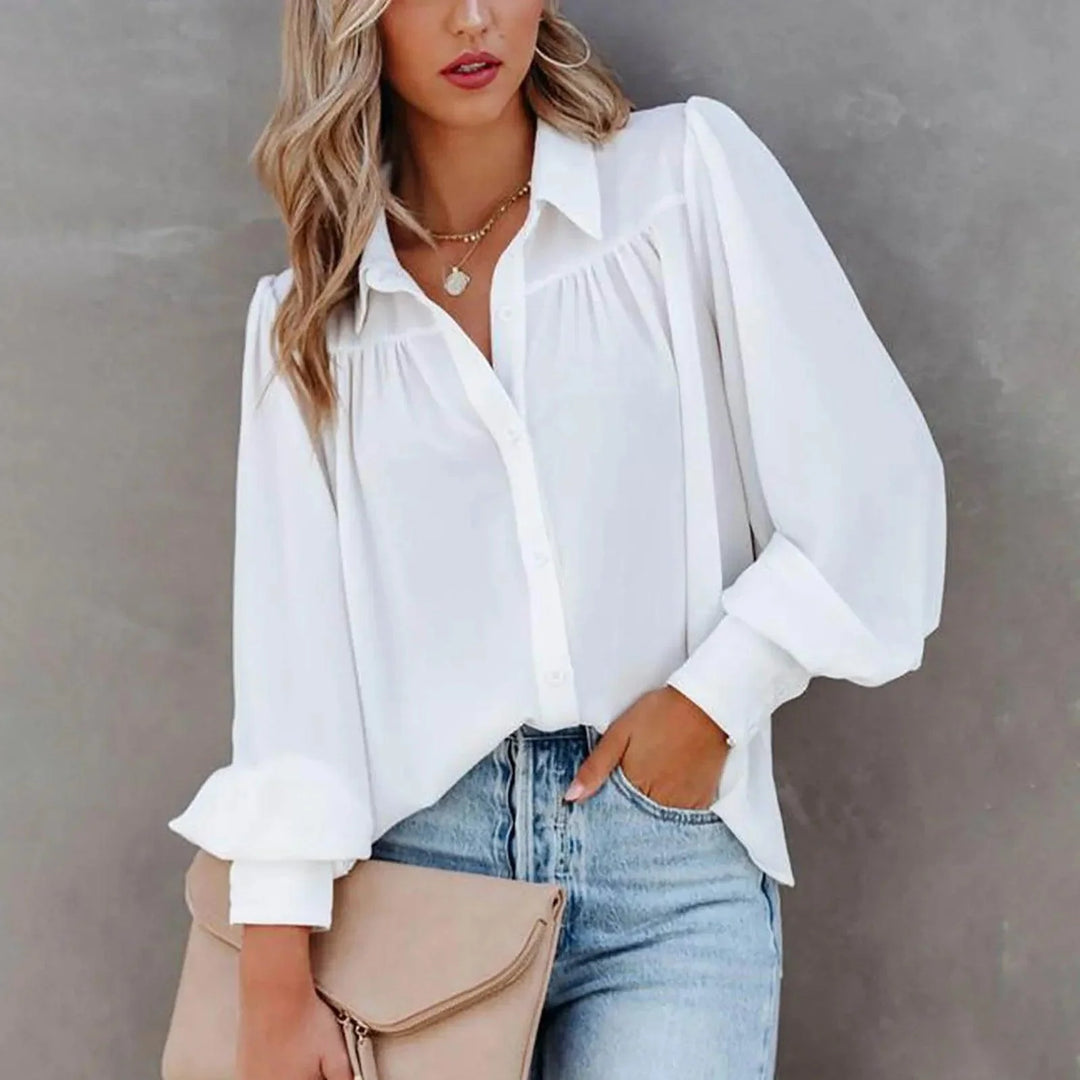 Women's Elegant Button-Up Blouse with Soft Gathered Front and Voluminous Long Sleeves