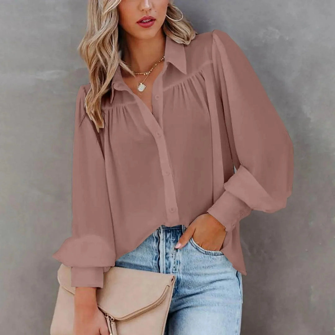 Women's Elegant Button-Up Blouse with Soft Gathered Front and Voluminous Long Sleeves