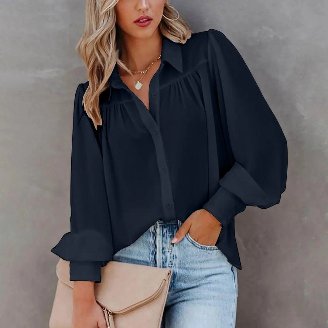 Women's Elegant Button-Up Blouse with Soft Gathered Front and Voluminous Long Sleeves