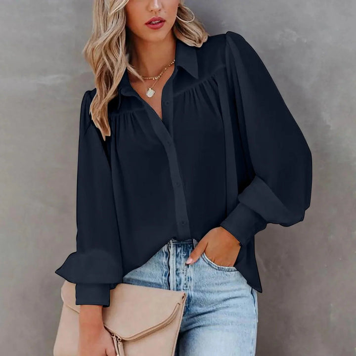 Women's Elegant Button-Up Blouse with Soft Gathered Front and Voluminous Long Sleeves