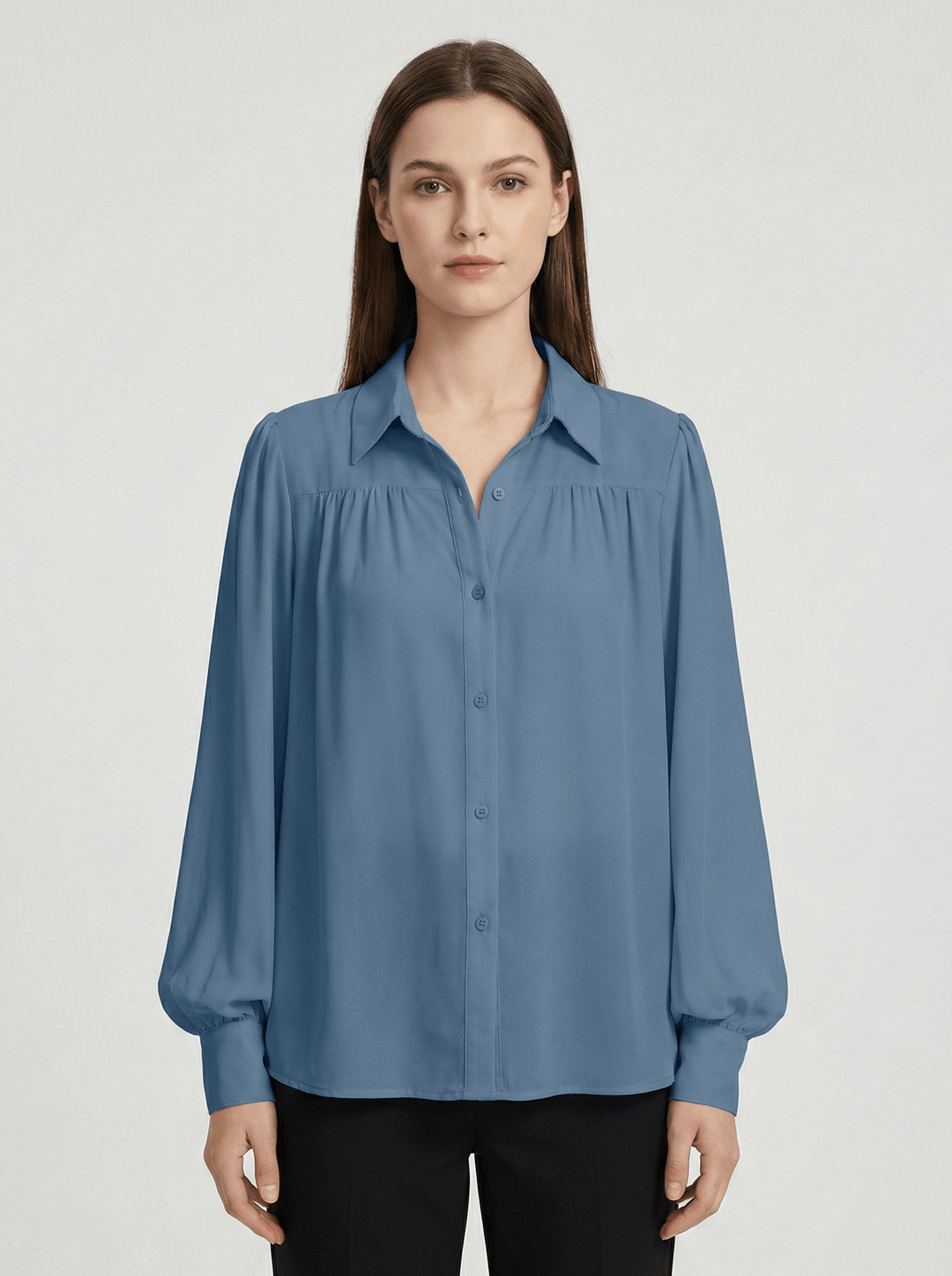 Women's Elegant Button-Up Blouse with Soft Gathered Front and Voluminous Long Sleeves
