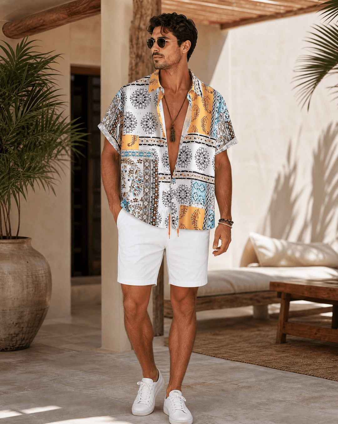 Men's Tribal Print Short Sleeve Button Shirt and Shorts Set