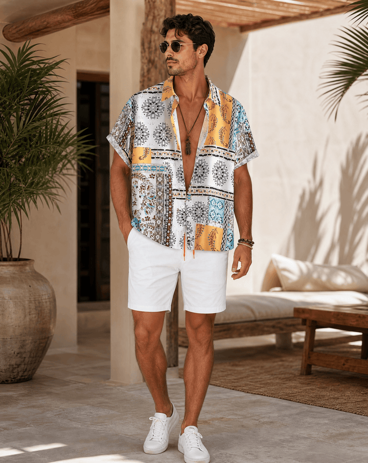 Men's Tribal Print Short Sleeve Button Shirt and Shorts Set