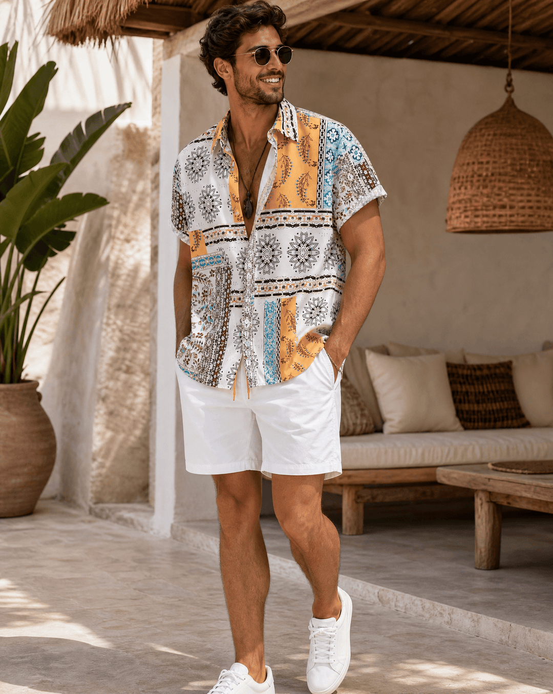 Men's Tribal Print Short Sleeve Button Shirt and Shorts Set