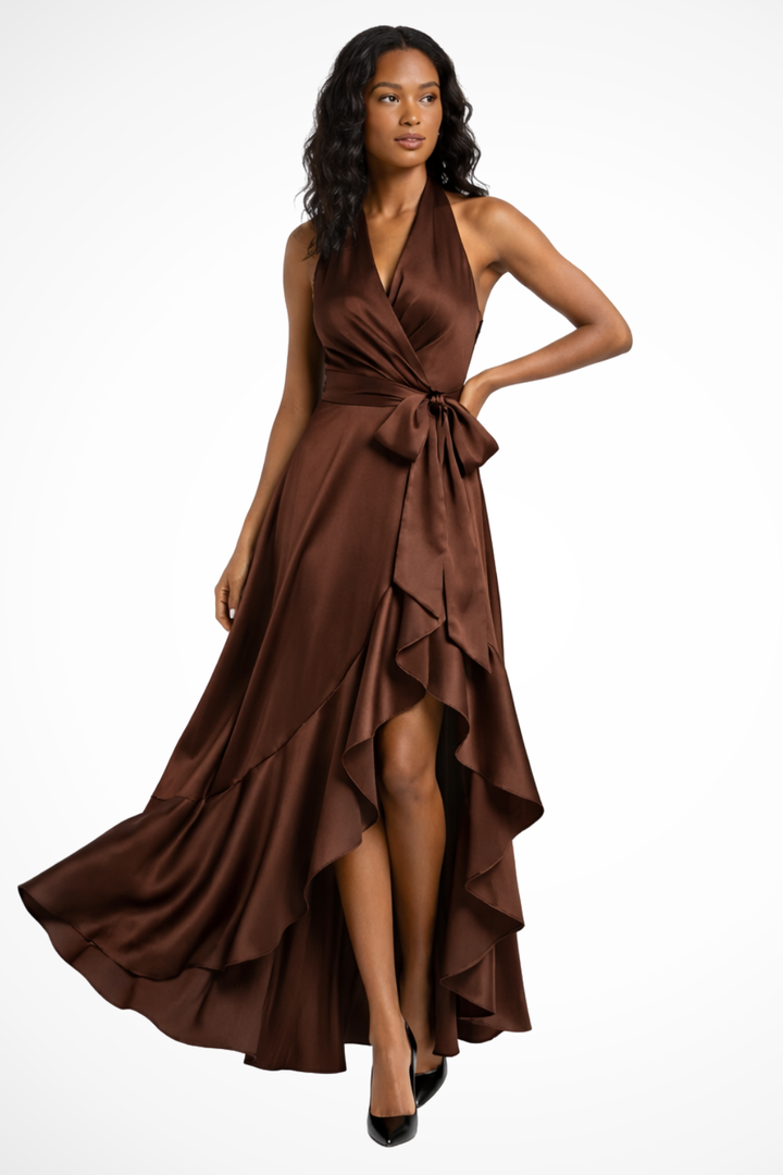 Seraphine | Women Halter Satin Wedding Guest Maxi Dress