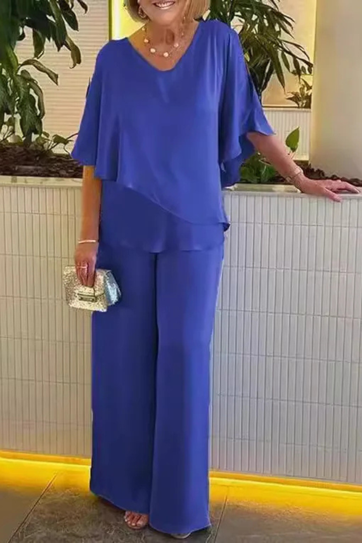 Serena | Women V Neck Batwing Sleeve Top and Wide Leg Trousers Two Piece Set
