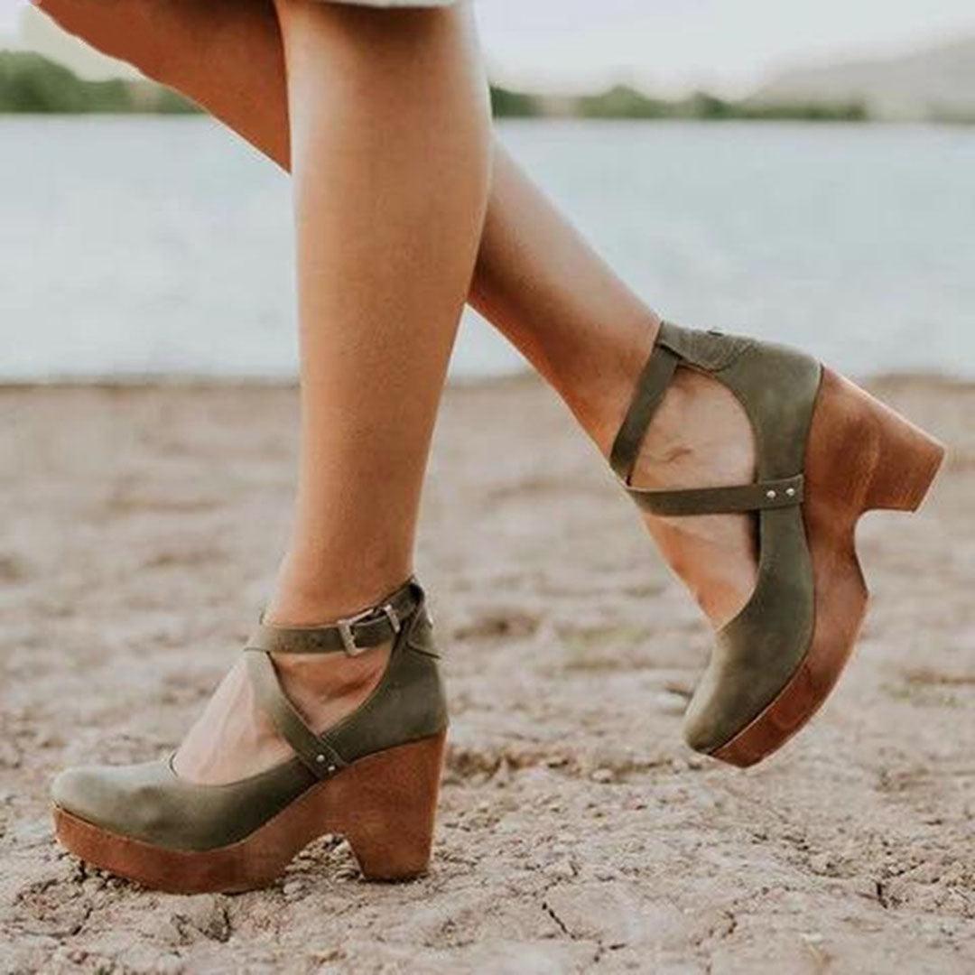 Teresa | Women's Closed Toe Wooden Platform Wedge Heels