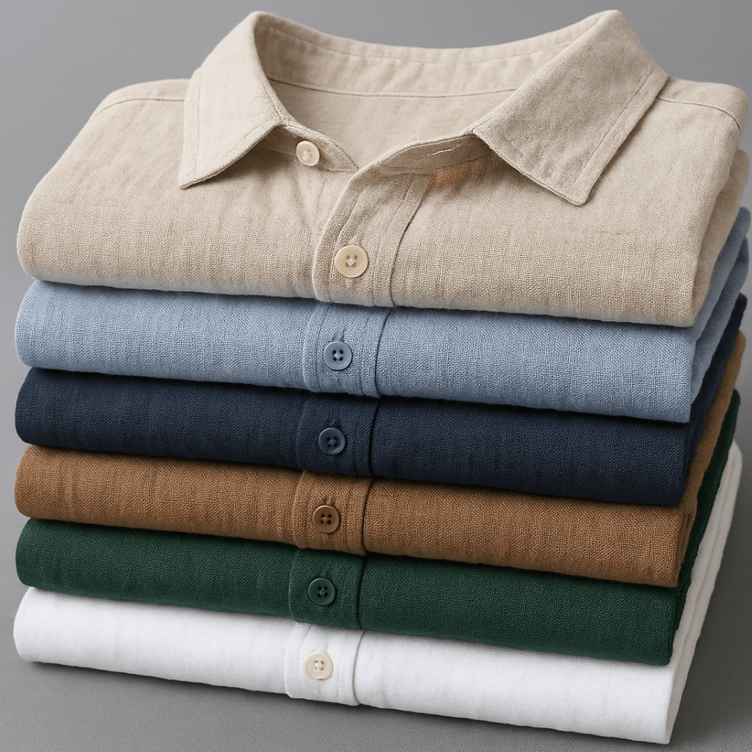 Men's Long-Sleeve Linen Blend Shirt - Point Collar Button-Down Chest Pocket Casual Style