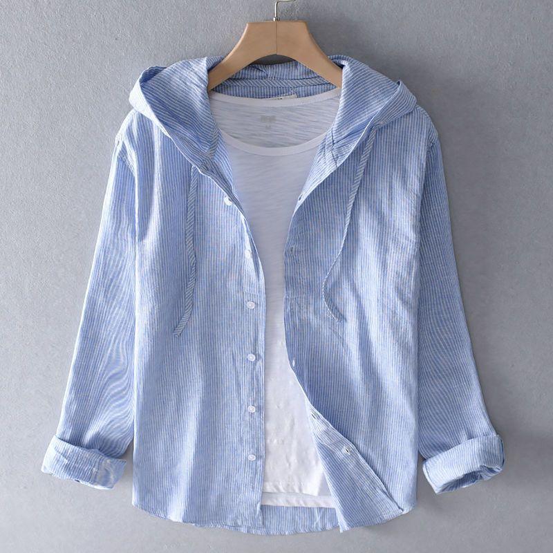 Men's Long-Sleeve Linen Blend Hooded Shirt - Casual Button-Front Shirt with Drawstring Hood and Curved Hem