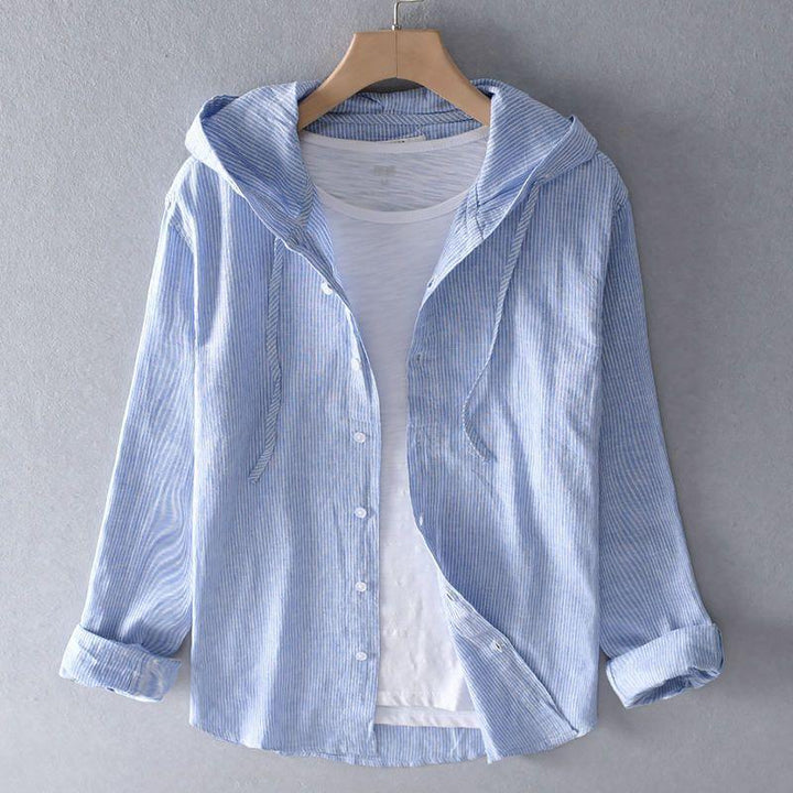 Men's Long-Sleeve Linen Blend Hooded Shirt - Casual Button-Front Shirt with Drawstring Hood and Curved Hem