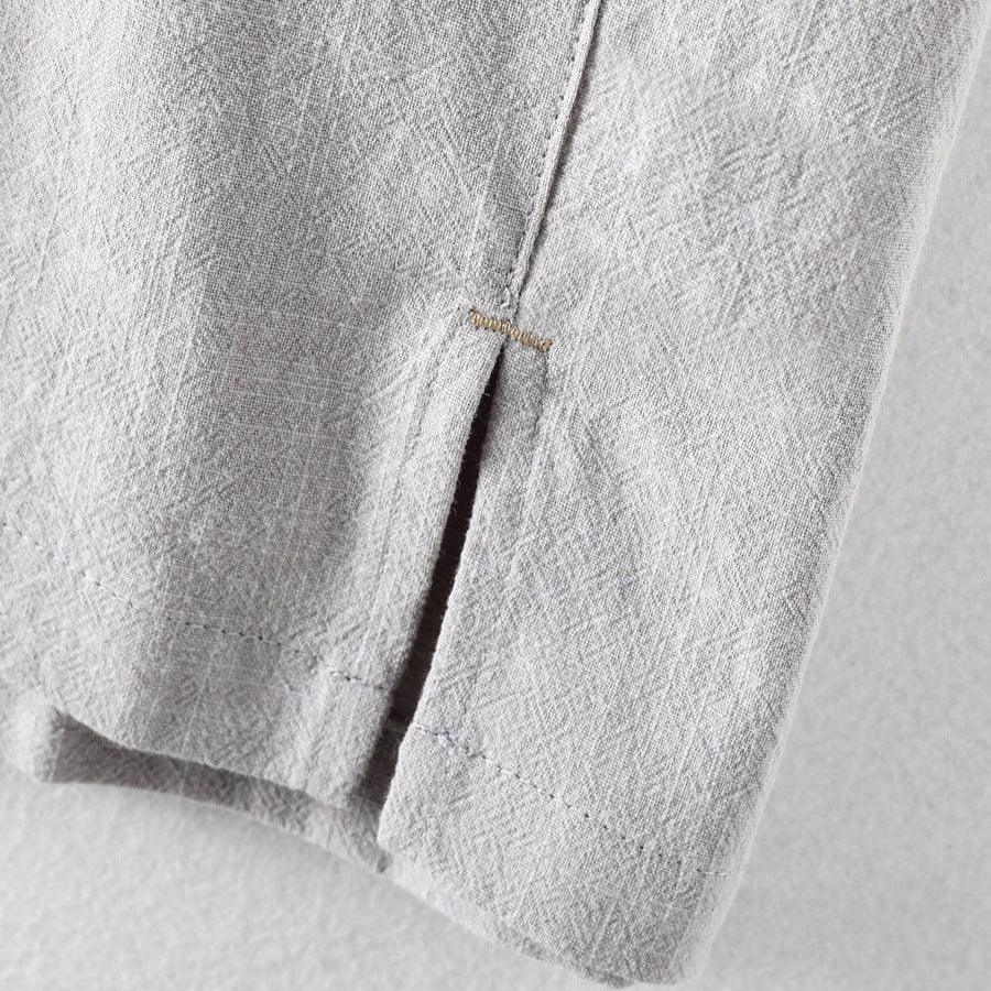 Men's Short-Sleeve Linen Blend Pull-On Shirt - Casual Summer Point Collar Two-Button Top