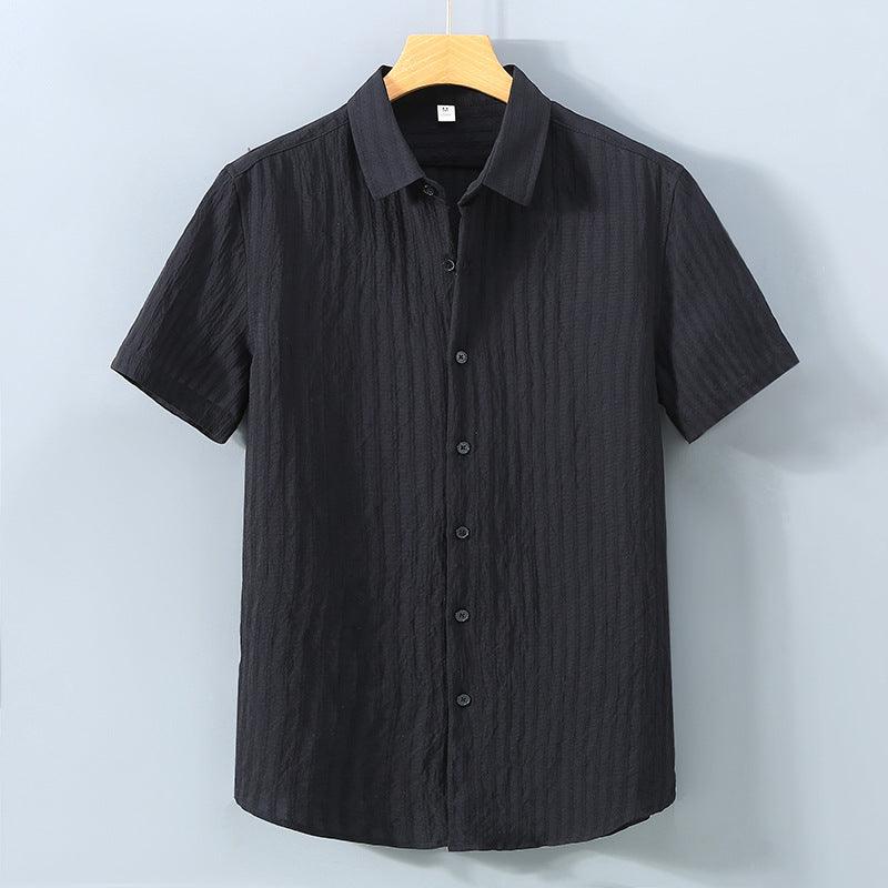 Men's Short Sleeve Button-Up Shirt - Textured Stripe - Point Collar - Casual Summer