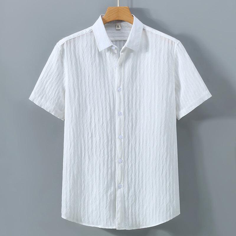 Men's Short Sleeve Button-Up Shirt - Textured Stripe - Point Collar - Casual Summer