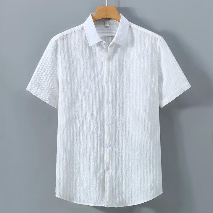 Men's Short Sleeve Button-Up Shirt - Textured Stripe - Point Collar - Casual Summer