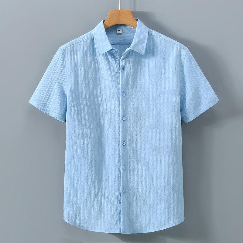 Men's Short Sleeve Button-Up Shirt - Textured Stripe - Point Collar - Casual Summer