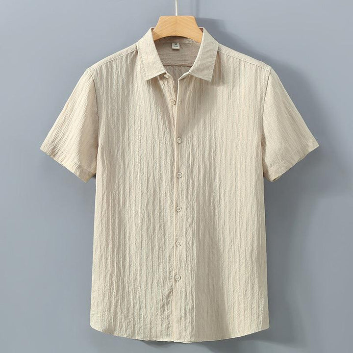 Men's Short Sleeve Button-Up Shirt - Textured Stripe - Point Collar - Casual Summer