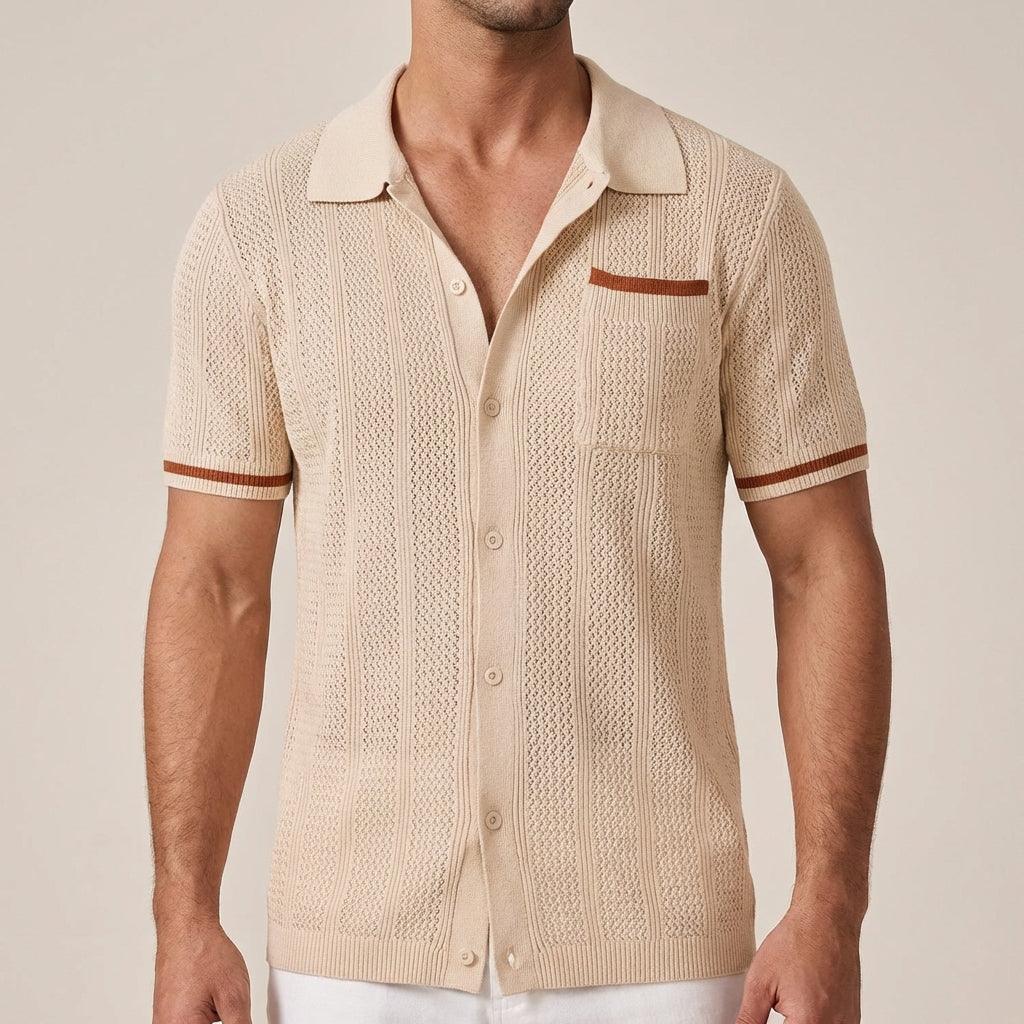 Men's Short-Sleeve Openwork Shirt - Casual Summer Camp Collar Button-Front Shirt with Contrast Tips