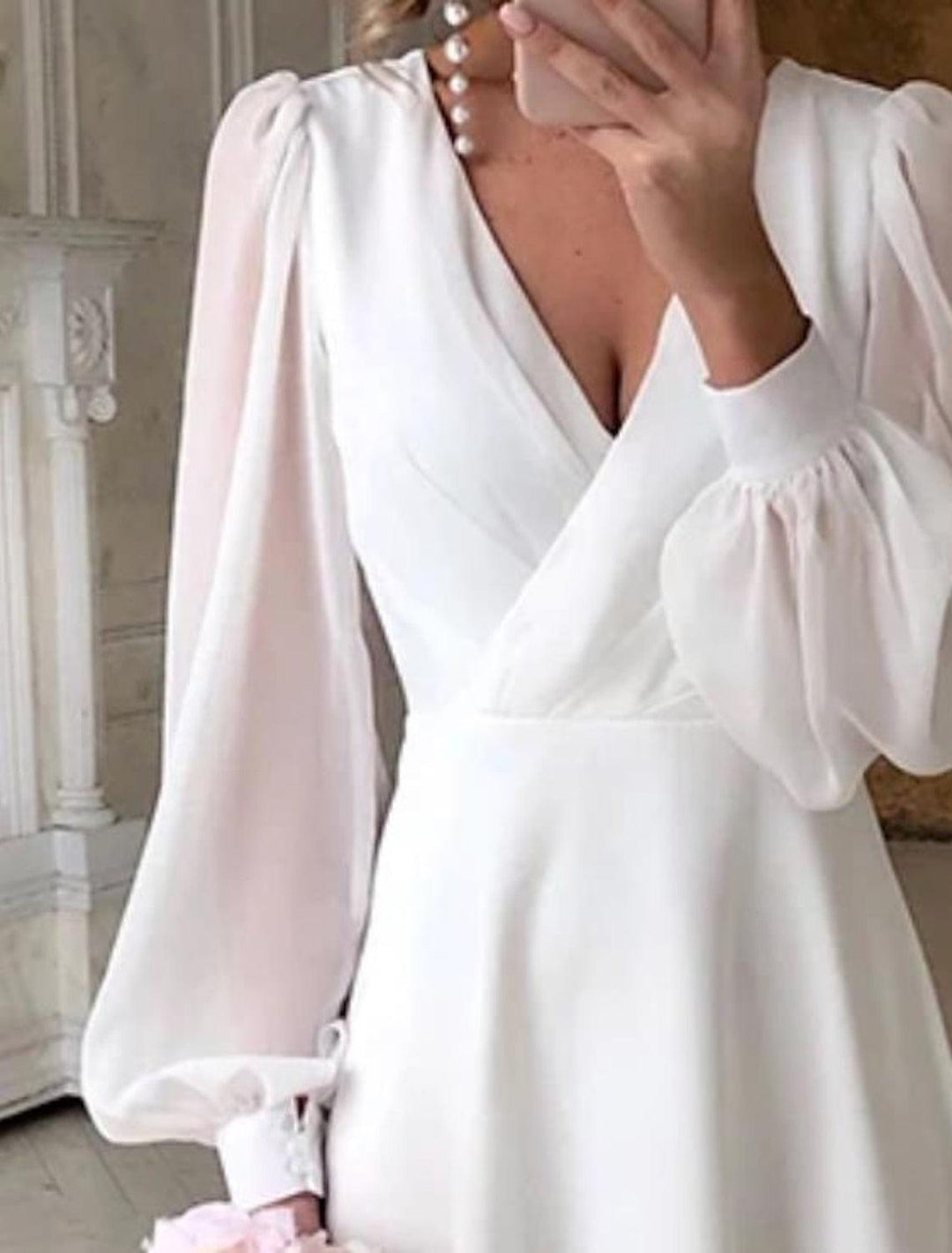 Rosie | Women’s Classic White Midi Wedding Dress with Puff Sleeves