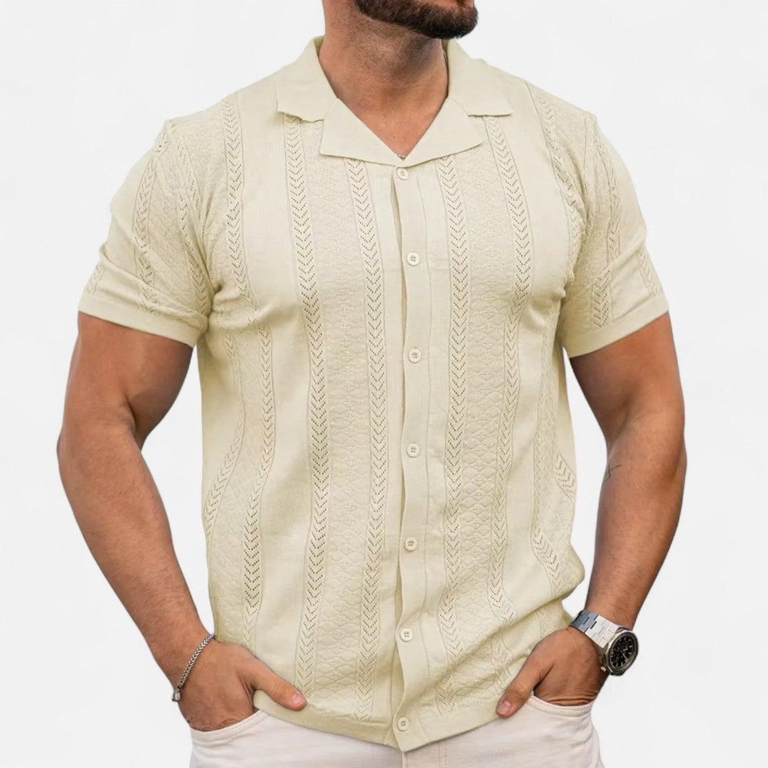 Men's Slim-Fit Knit Cuban Collar Polo - Short Sleeve Chevron Panel Shirt