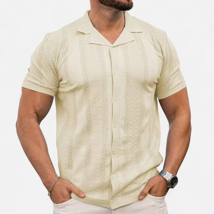 Men's Slim-Fit Knit Cuban Collar Polo - Short Sleeve Chevron Panel Shirt