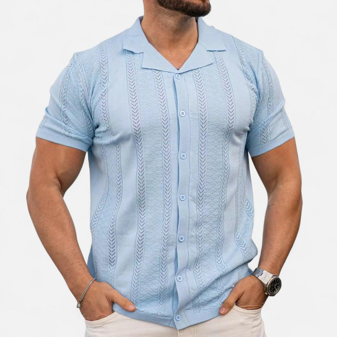Men's Slim-Fit Knit Cuban Collar Polo - Short Sleeve Chevron Panel Shirt