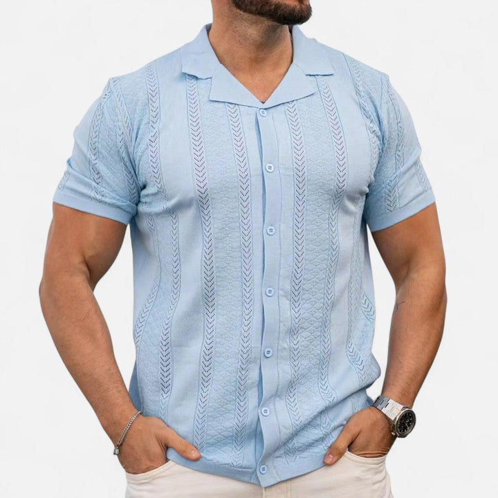 Men's Slim-Fit Knit Cuban Collar Polo - Short Sleeve Chevron Panel Shirt