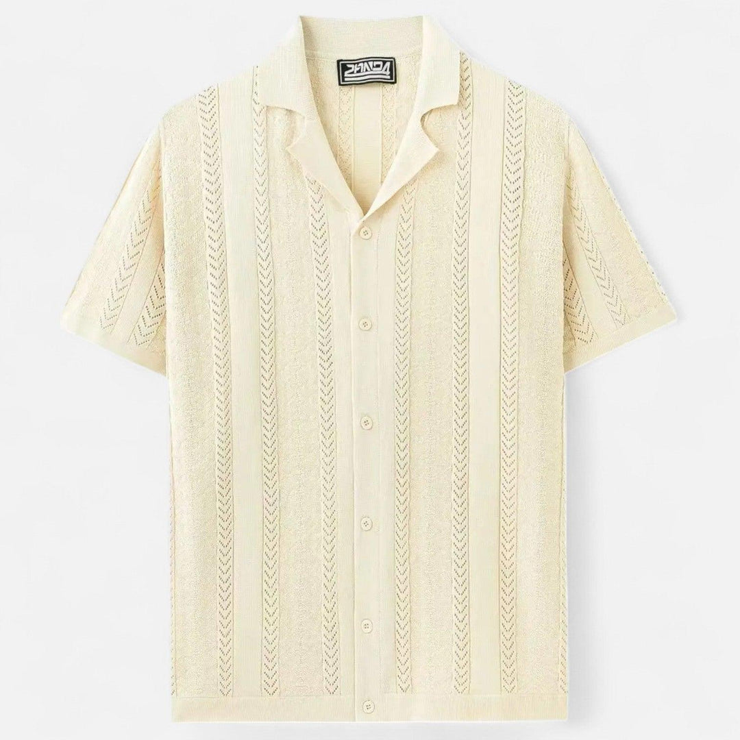 Men's Slim-Fit Knit Cuban Collar Polo - Short Sleeve Chevron Panel Shirt