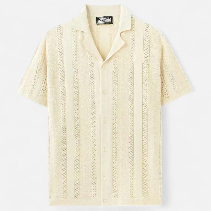 Men's Slim-Fit Knit Cuban Collar Polo - Short Sleeve Chevron Panel Shirt