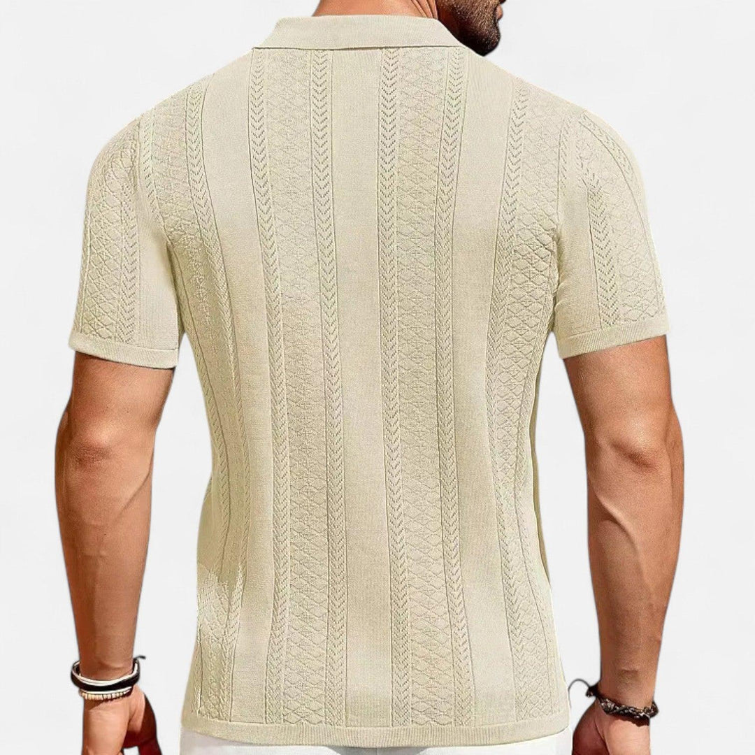 Men's Slim-Fit Knit Cuban Collar Polo - Short Sleeve Chevron Panel Shirt