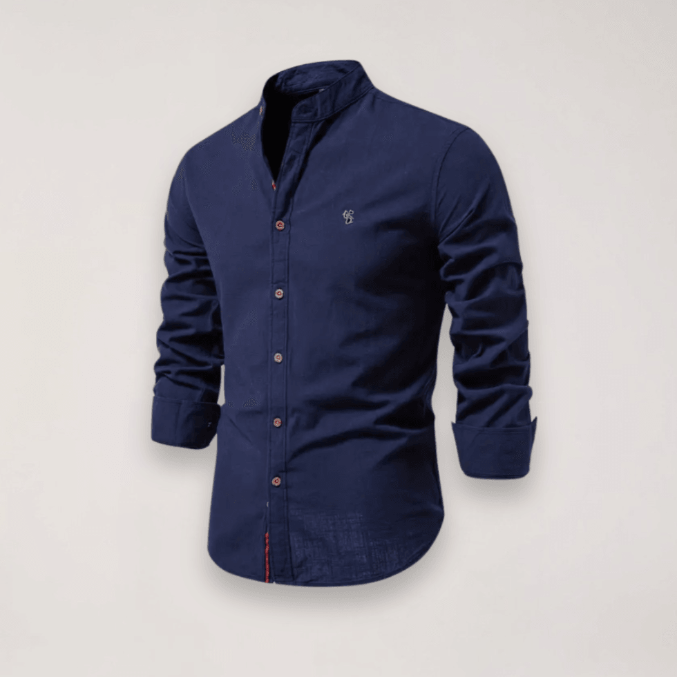 Men’s Long Sleeve Stand Collar Shirt – Embroidered Solid Design for Smart Casual Styling