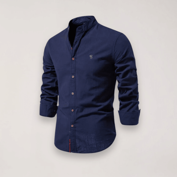 Men’s Long Sleeve Stand Collar Shirt – Embroidered Solid Design for Smart Casual Styling