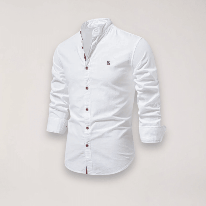 Men’s Long Sleeve Stand Collar Shirt – Embroidered Solid Design for Smart Casual Styling