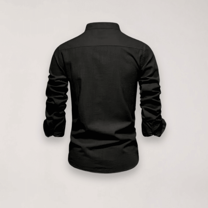 Men’s Long Sleeve Stand Collar Shirt – Embroidered Solid Design for Smart Casual Styling