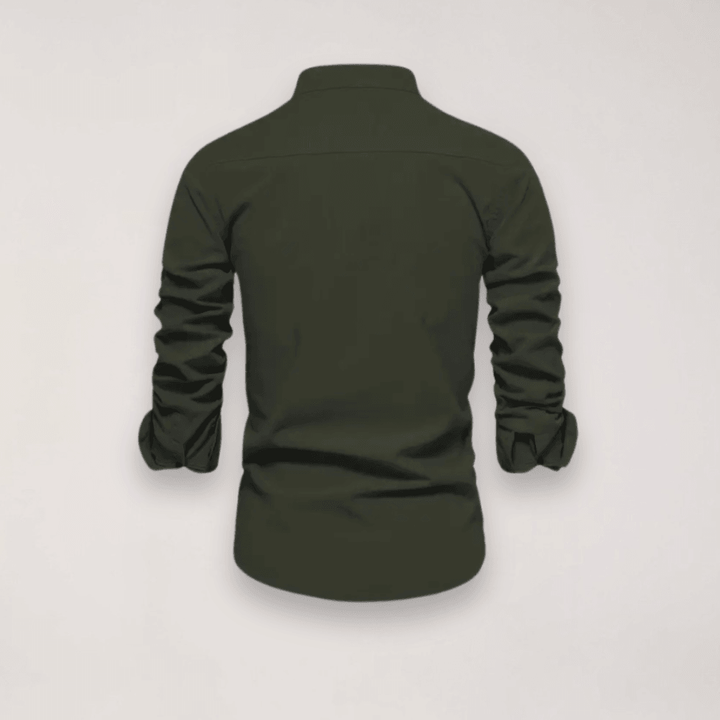 Men’s Long Sleeve Stand Collar Shirt – Embroidered Solid Design for Smart Casual Styling