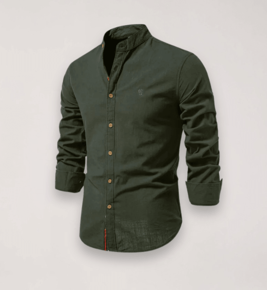 Men’s Long Sleeve Stand Collar Shirt – Embroidered Solid Design for Smart Casual Styling