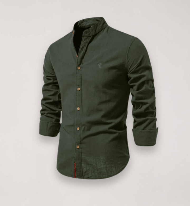 Men’s Long Sleeve Stand Collar Shirt – Embroidered Solid Design for Smart Casual Styling