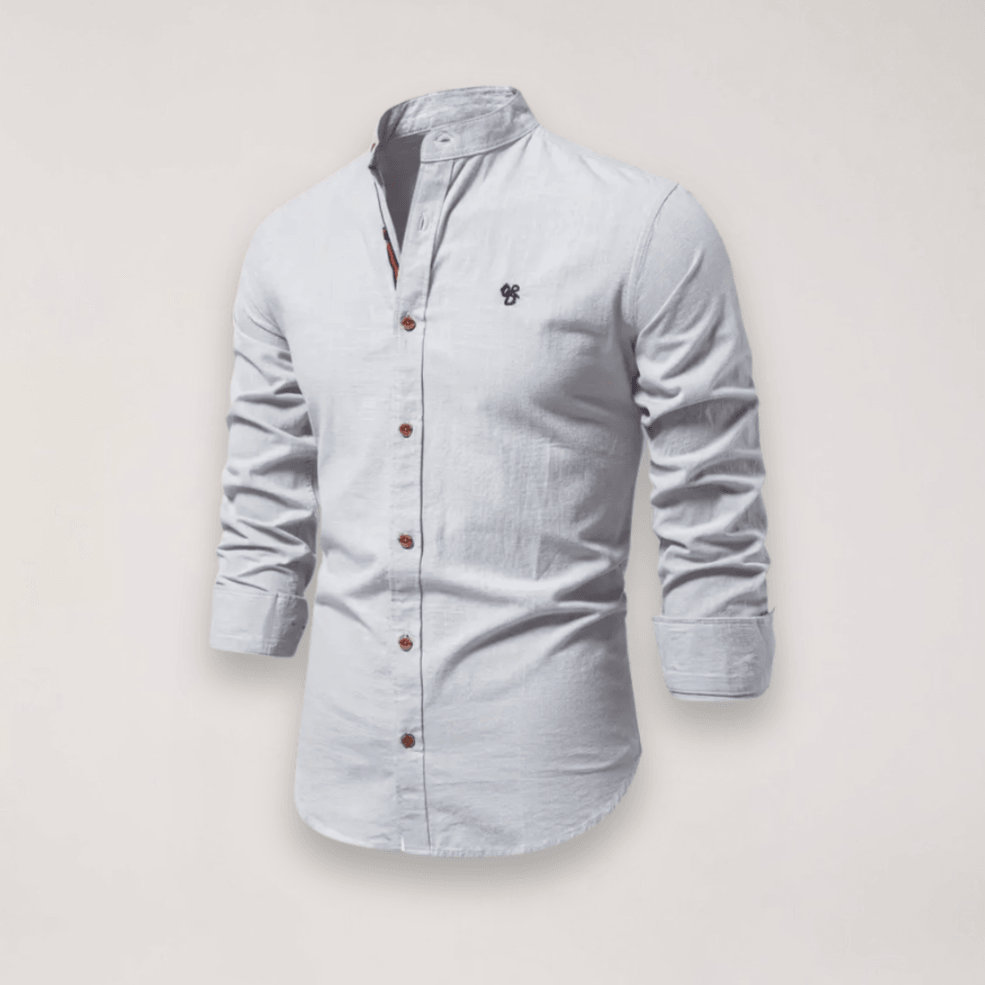 Men’s Long Sleeve Stand Collar Shirt – Embroidered Solid Design for Smart Casual Styling