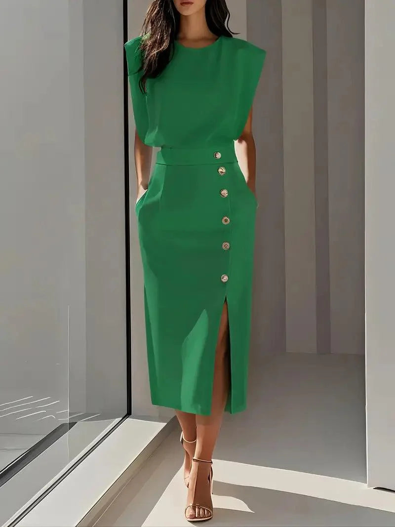 Women's Cocktail Sleeveless Button Detail Midi Dress