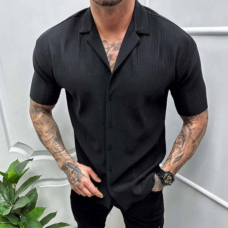 Men's Short Sleeve Button Up Shirt - Camp Collar Ribbed Knit