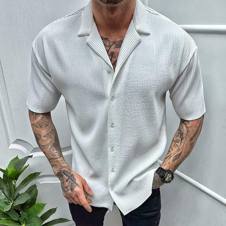 Men's Short Sleeve Button Up Shirt - Camp Collar Ribbed Knit