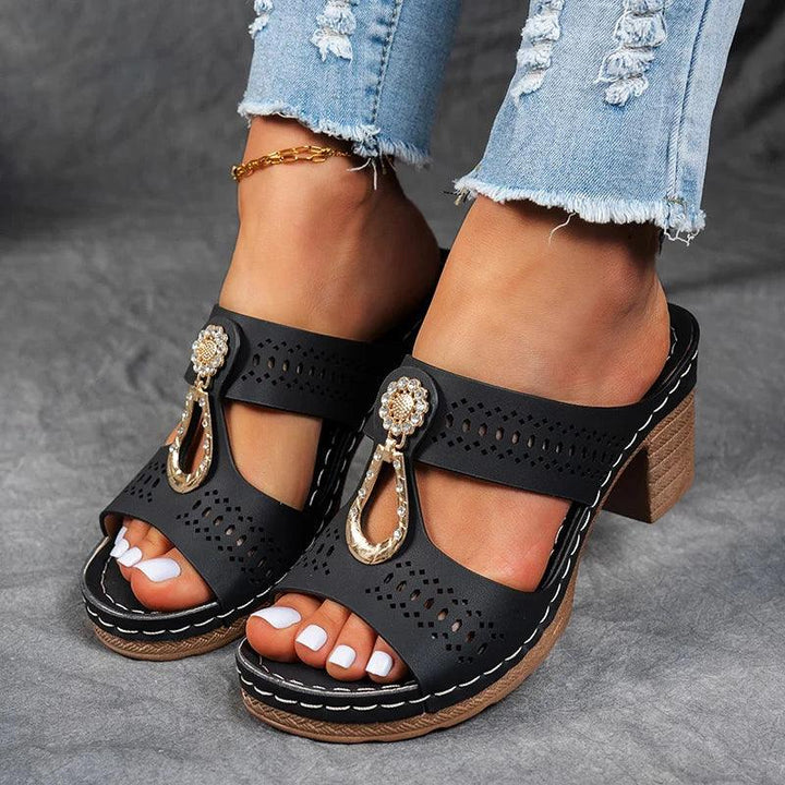 Women’s Blue Block Heel Slide Sandals – Cutout Open Toe Comfort Sandals for Summer Casual Vacation